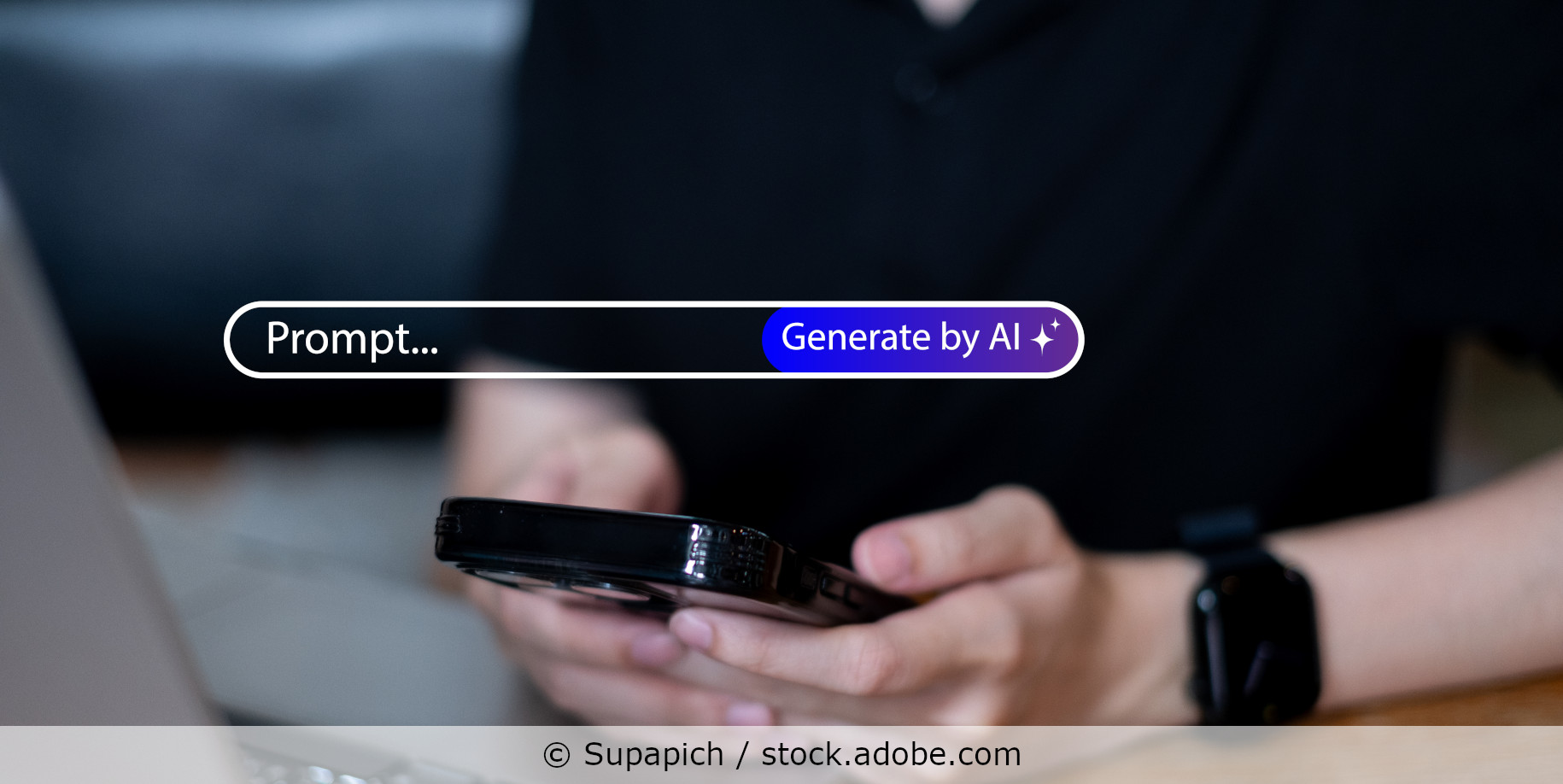 A person is holding a smartphone; a hologram of an AI input field displaying the terms ‘Prompt’ and ‘generate’