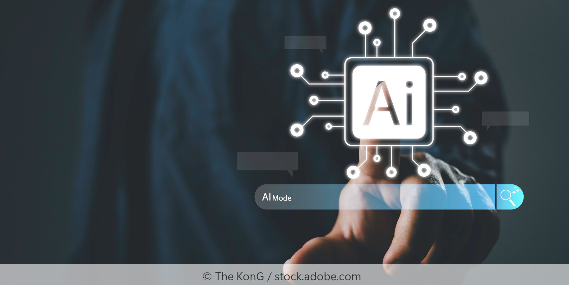 Hologram depicts the AI mode of an online tool with a search function.