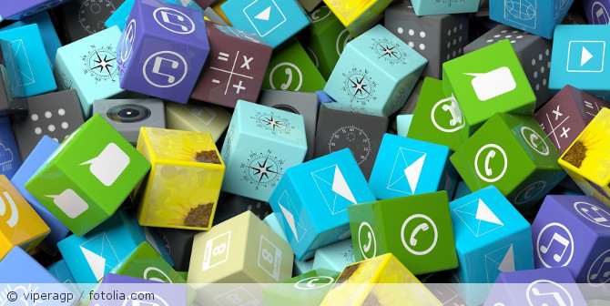 Many cubes with app icons on them.