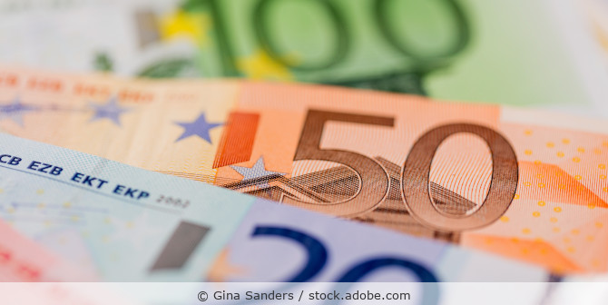 Various euro banknotes in close-up.