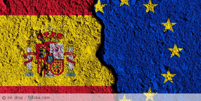 The Spain and EU flags merging into each other.