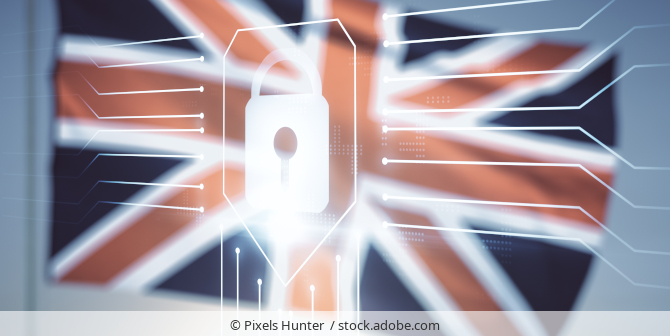 Flag of Great Britain with a holographic security lock overlay.
